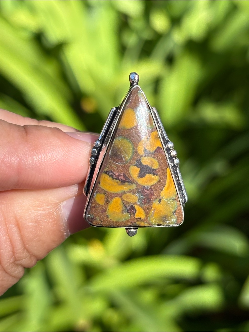 SIZE 5.75 Triangular Fruit Jasper Stone Ring Silver Tone Setting